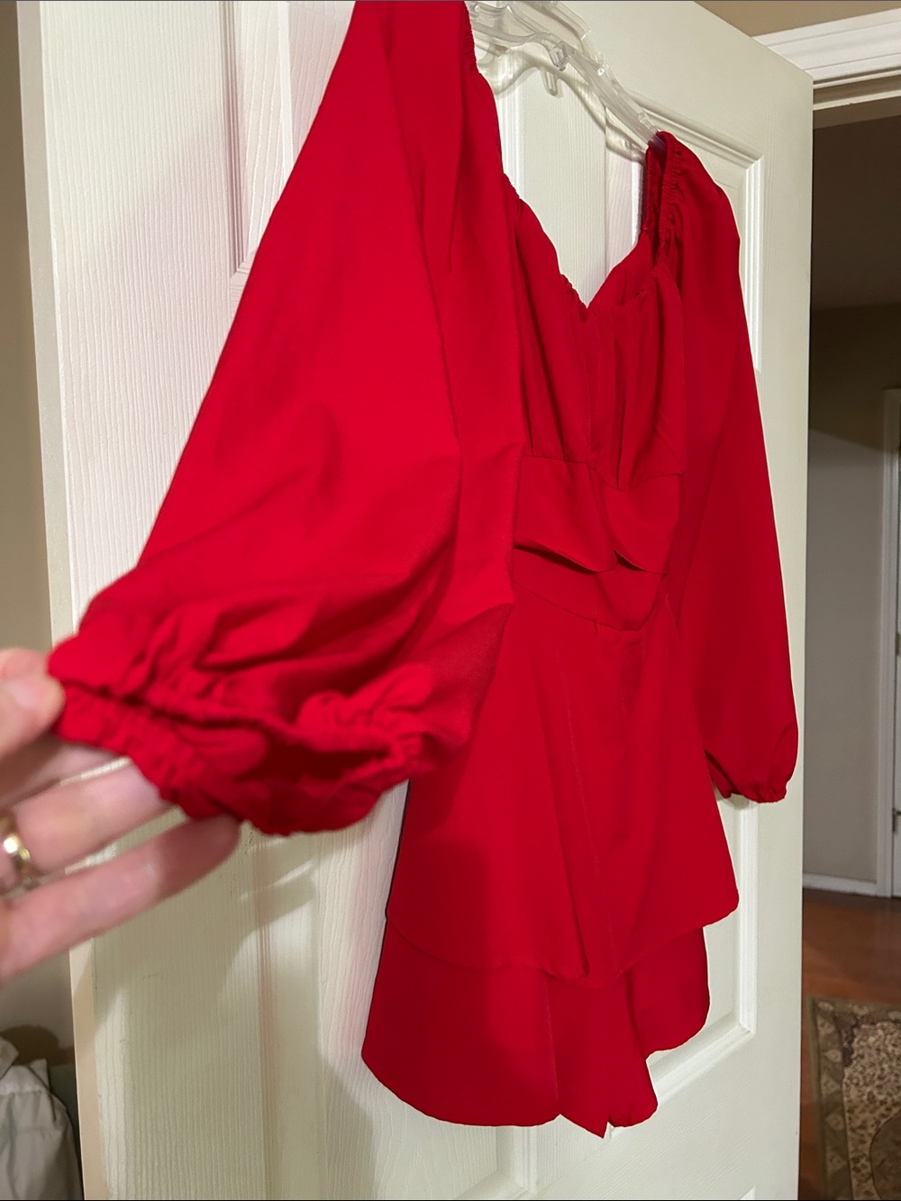 Red Romper with Ruffle Waist - Picture 2 of 10